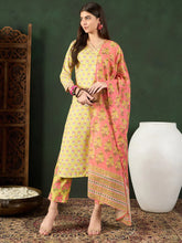 Women Yellow Rayon Blend Floral Printed Straight Kurta Trouser With Dupatta-VKSKD2238
